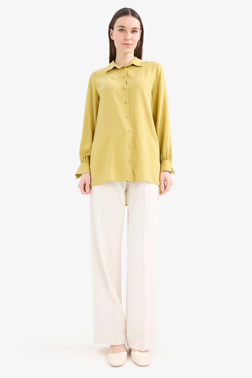 Woman Green Regular Fit Viscose Shirt Collar Long Sleeve Tunic