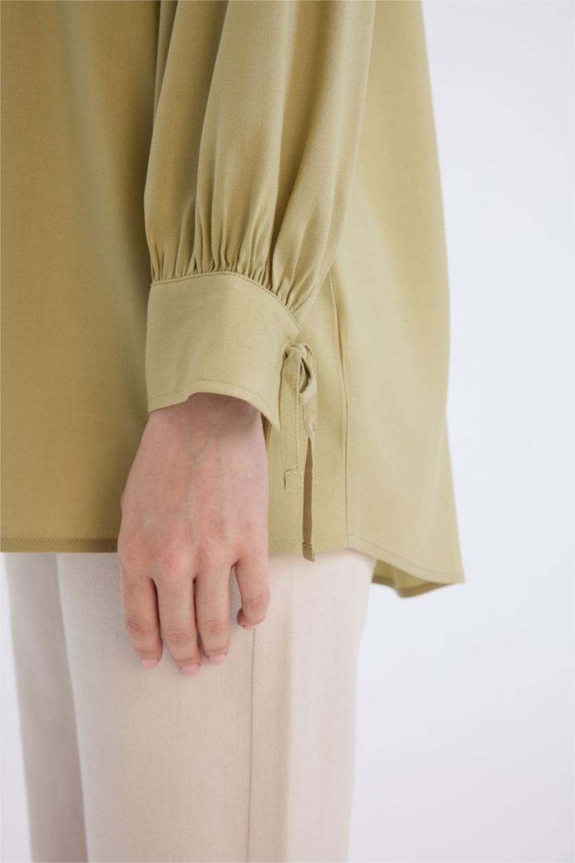 Kadın Açık Haki Regular Fit Basic Düz Viskon Uzun Kollu Gömlek Tunik