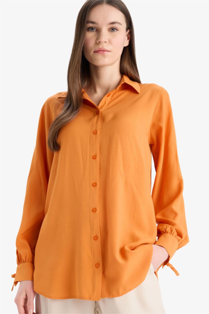 WOMAN Orange Regular Fit Viscose Shirt Collar Long Sleeve Tunic