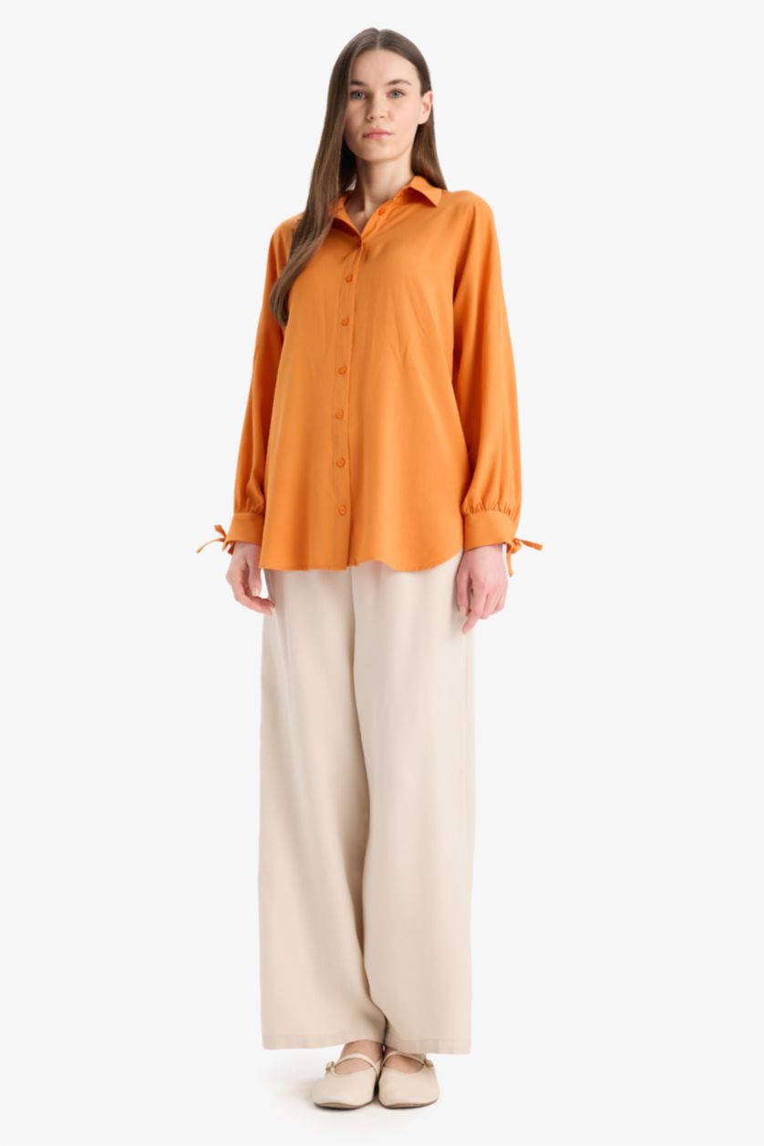 WOMAN Orange Regular Fit Viscose Shirt Collar Long Sleeve Tunic