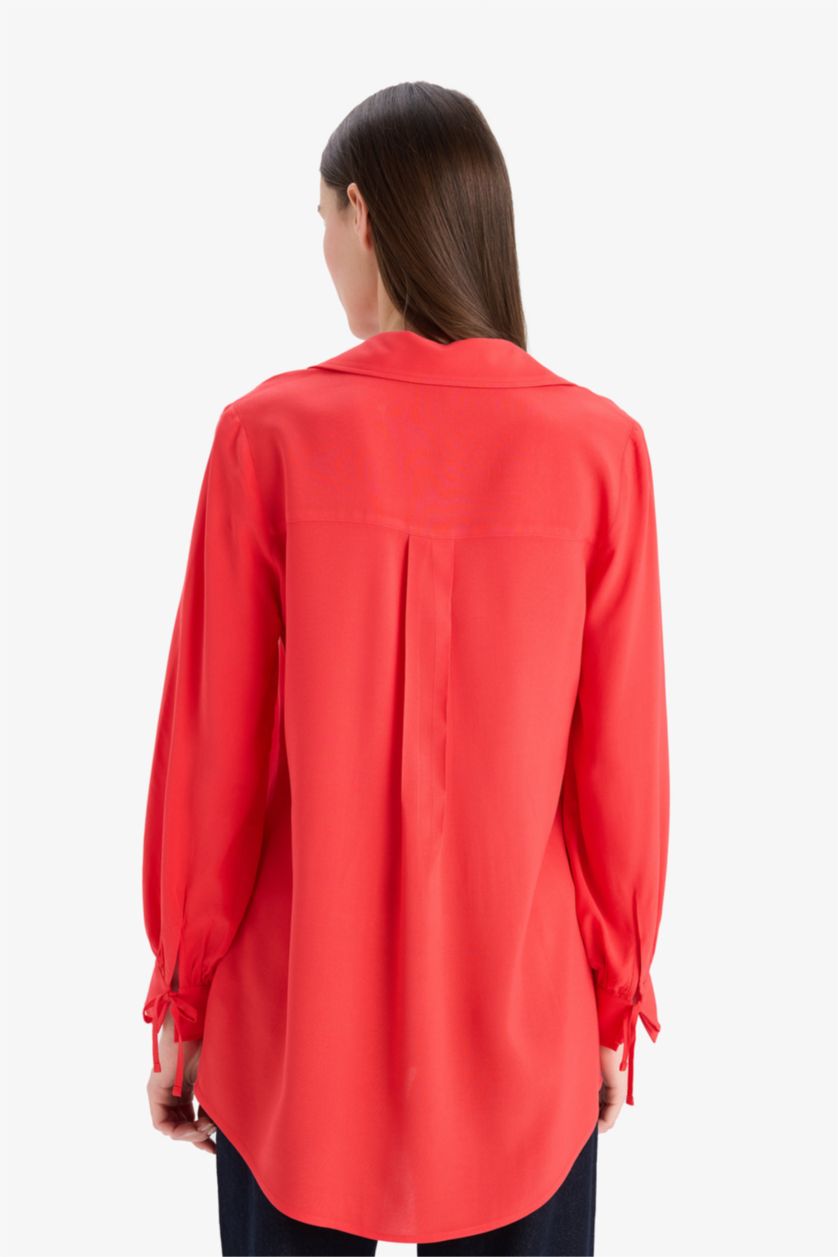 نساء أحمر قميص طويل سادة فيسكوز كم طويل قصة عادية