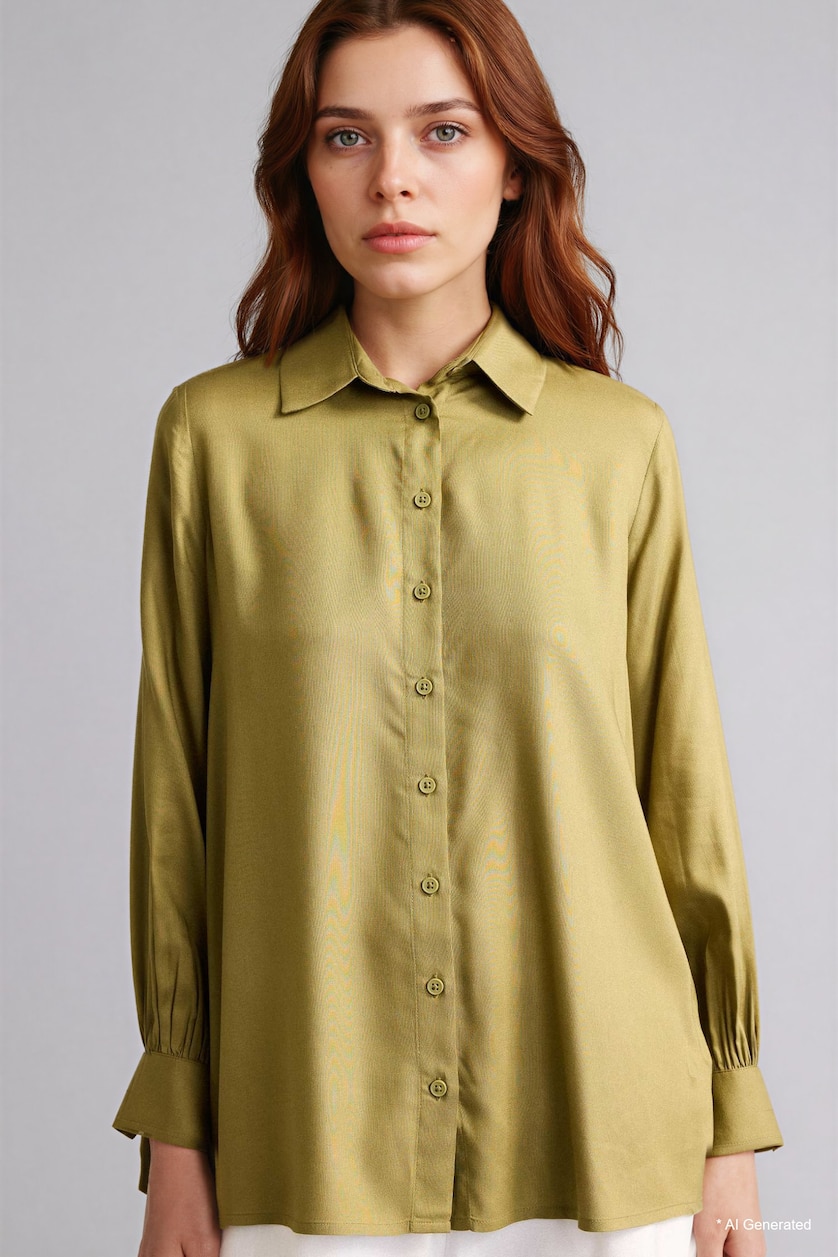 Women Olive Regular Fit Viscose Shirt Collar Long Sleeve Tunic