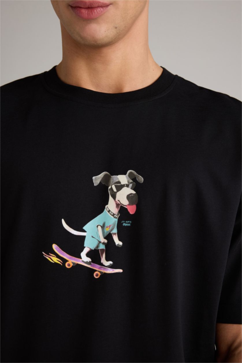 Erkek Siyah %100 Pamuk Boxy Fit Bisiklet Yaka Baskılı Kısa Kollu Tişört