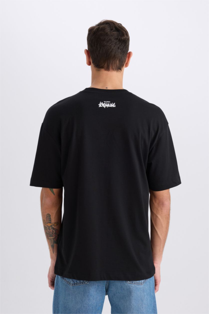 Erkek Siyah %100 Pamuk Boxy Fit Bisiklet Yaka Baskılı Kısa Kollu Tişört