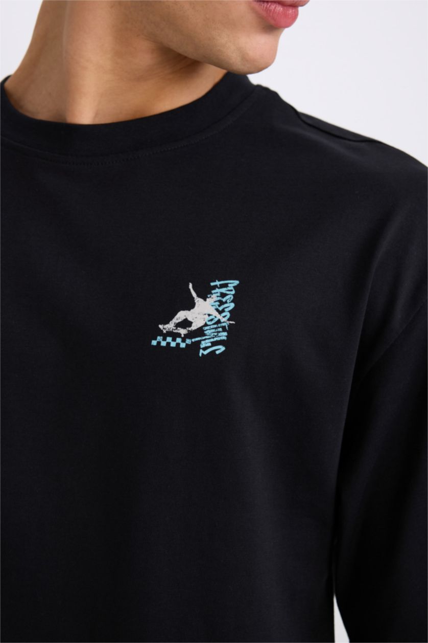 Erkek Siyah %100 Pamuk Loose Fit Bisiklet Yaka Sırt Baskılı Kısa Kollu Tişört