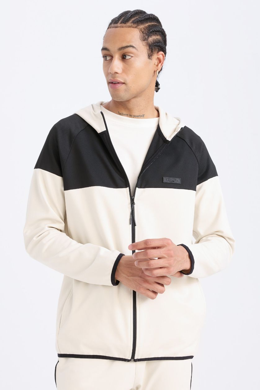 Erkek Taş Standart Fit Kapüşonlu Skuba Dalgıç Kumaş Sporcu Fermuarlı Sweatshirt