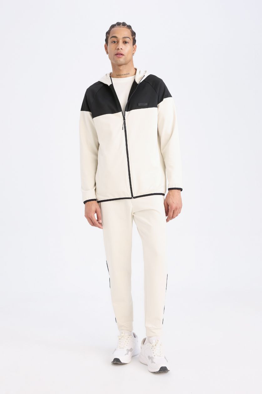 Erkek Taş Standart Fit Kapüşonlu Skuba Dalgıç Kumaş Sporcu Fermuarlı Sweatshirt