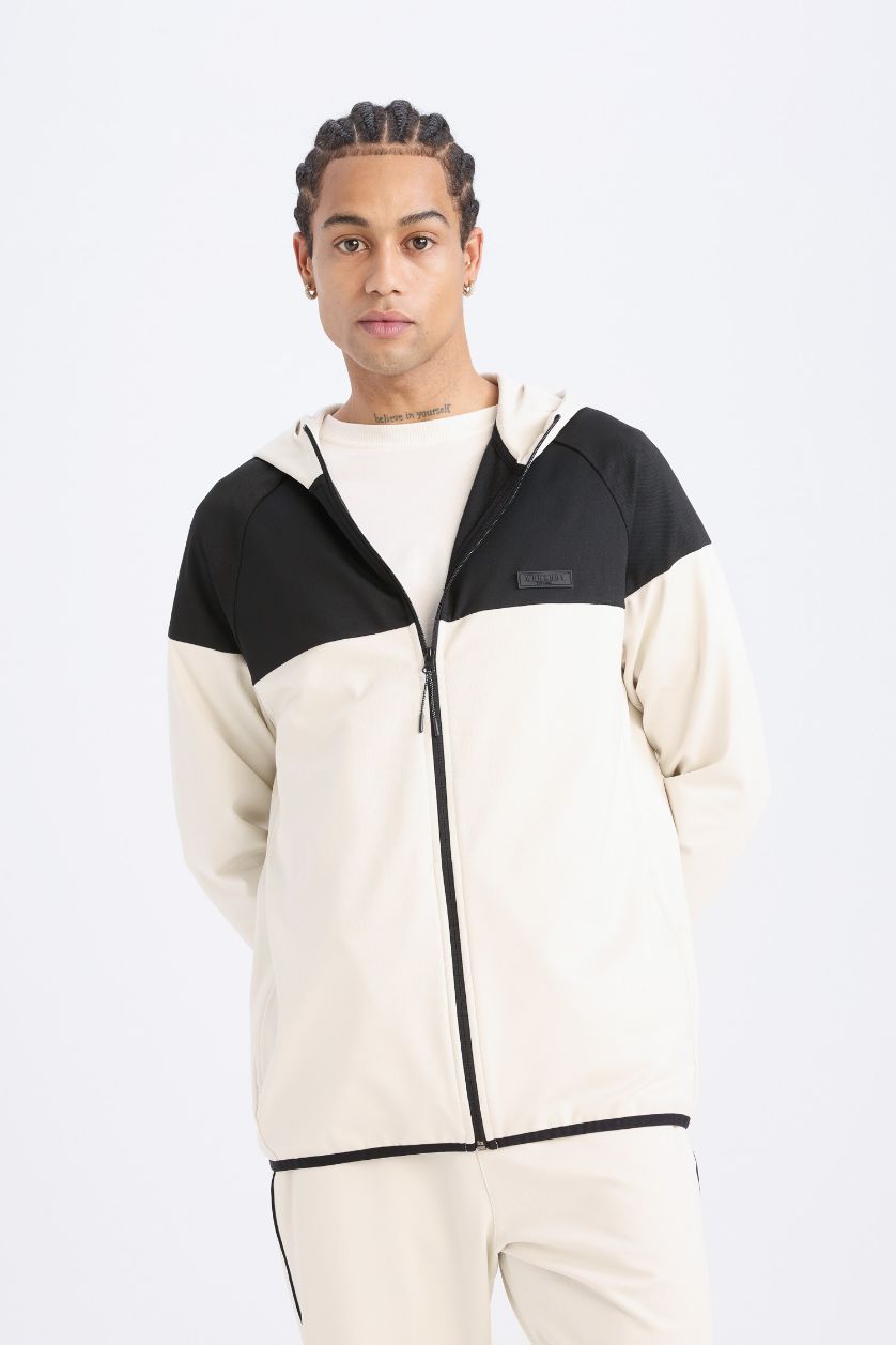 Erkek Taş Standart Fit Kapüşonlu Skuba Dalgıç Kumaş Sporcu Fermuarlı Sweatshirt