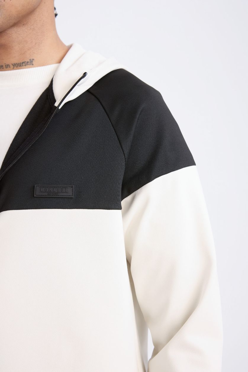 Erkek Taş Standart Fit Kapüşonlu Skuba Dalgıç Kumaş Sporcu Fermuarlı Sweatshirt