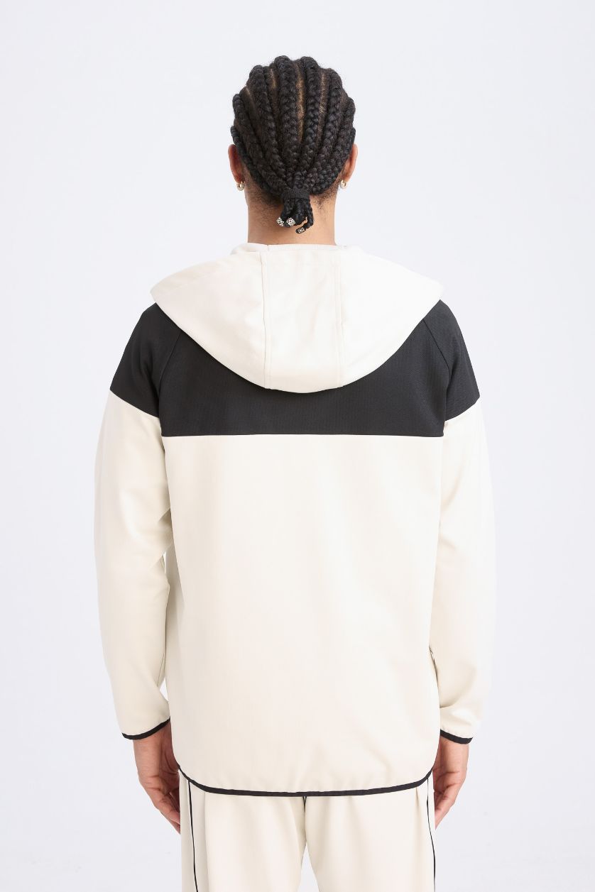 Erkek Taş Standart Fit Kapüşonlu Skuba Dalgıç Kumaş Sporcu Fermuarlı Sweatshirt