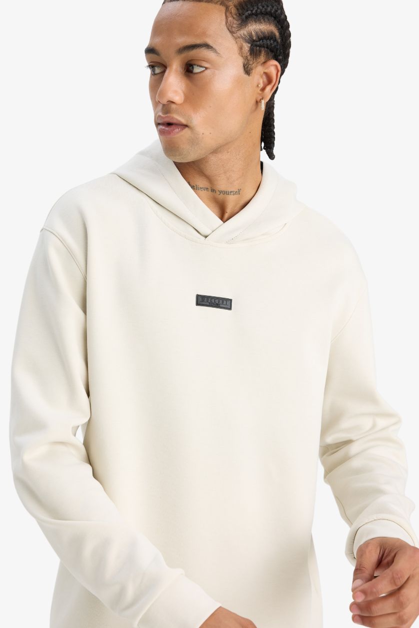 Erkek Taş Standart Fit Kapüşonlu Skuba Dalgıç Kumaş Sporcu Sweatshirt