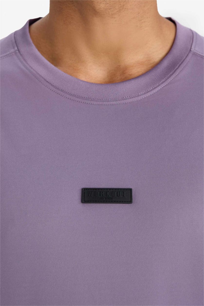 Erkek Mor Boxy Fıt Bisiklet Yaka Baskılı Sporcu Kısa Kollu Tişört