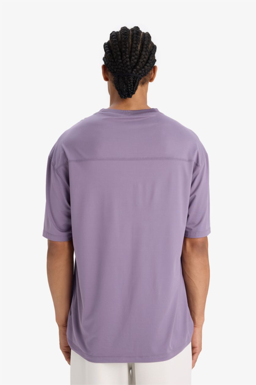 Erkek Mor Boxy Fıt Bisiklet Yaka Baskılı Sporcu Kısa Kollu Tişört