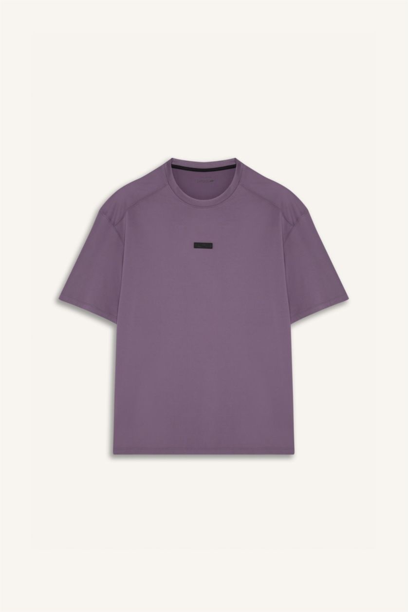 Erkek Mor Boxy Fıt Bisiklet Yaka Baskılı Sporcu Kısa Kollu Tişört