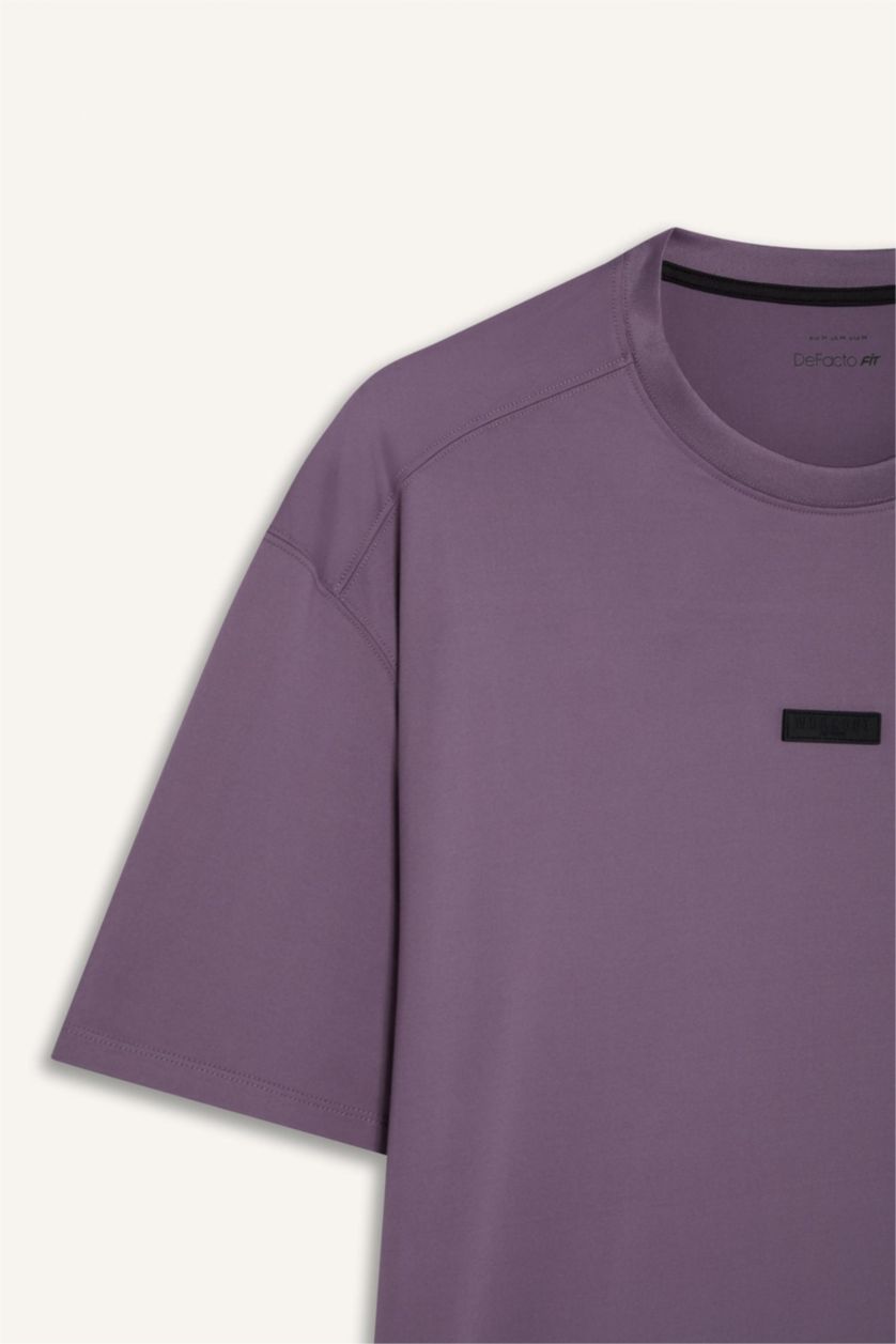 Erkek Mor Boxy Fıt Bisiklet Yaka Baskılı Sporcu Kısa Kollu Tişört