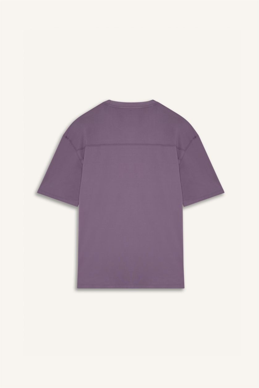 Erkek Mor Boxy Fıt Bisiklet Yaka Baskılı Sporcu Kısa Kollu Tişört