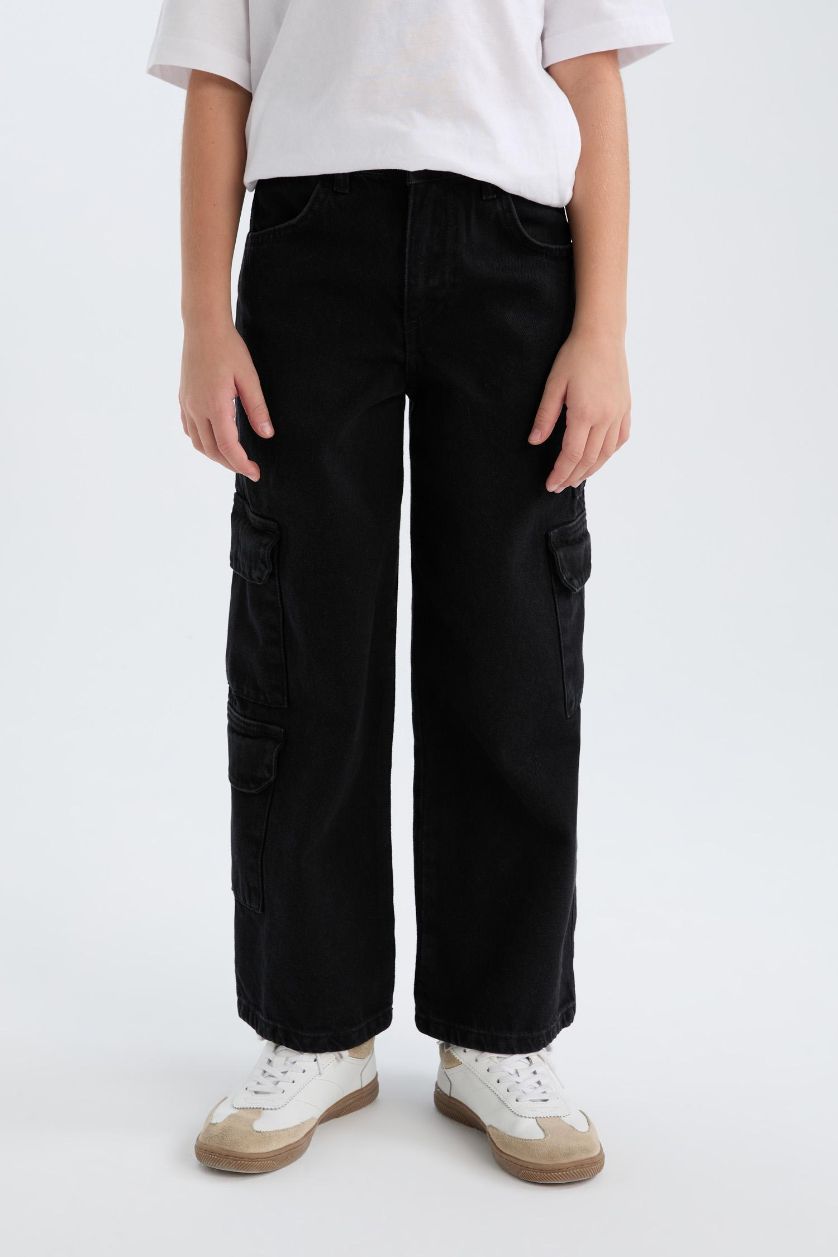 Kız Çocuk - Genç Kız Antrasit Wide Leg Kargo Geniş Paça Jean Pantolon Kız Çocuk