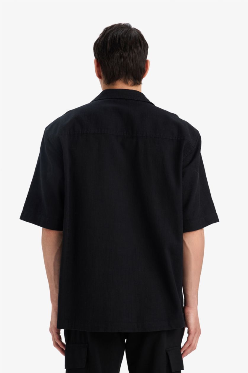 رجال أسود قميص نص كم من قطن قصة مريحة