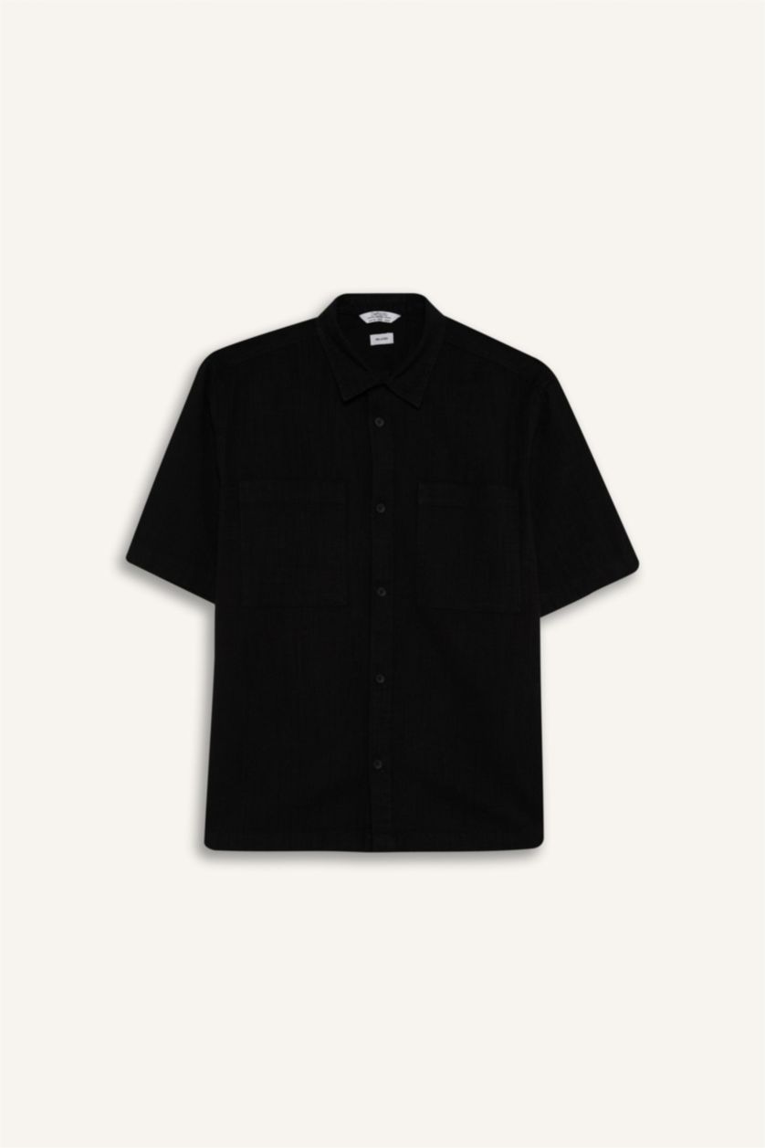 رجال أسود قميص نص كم من قطن قصة مريحة