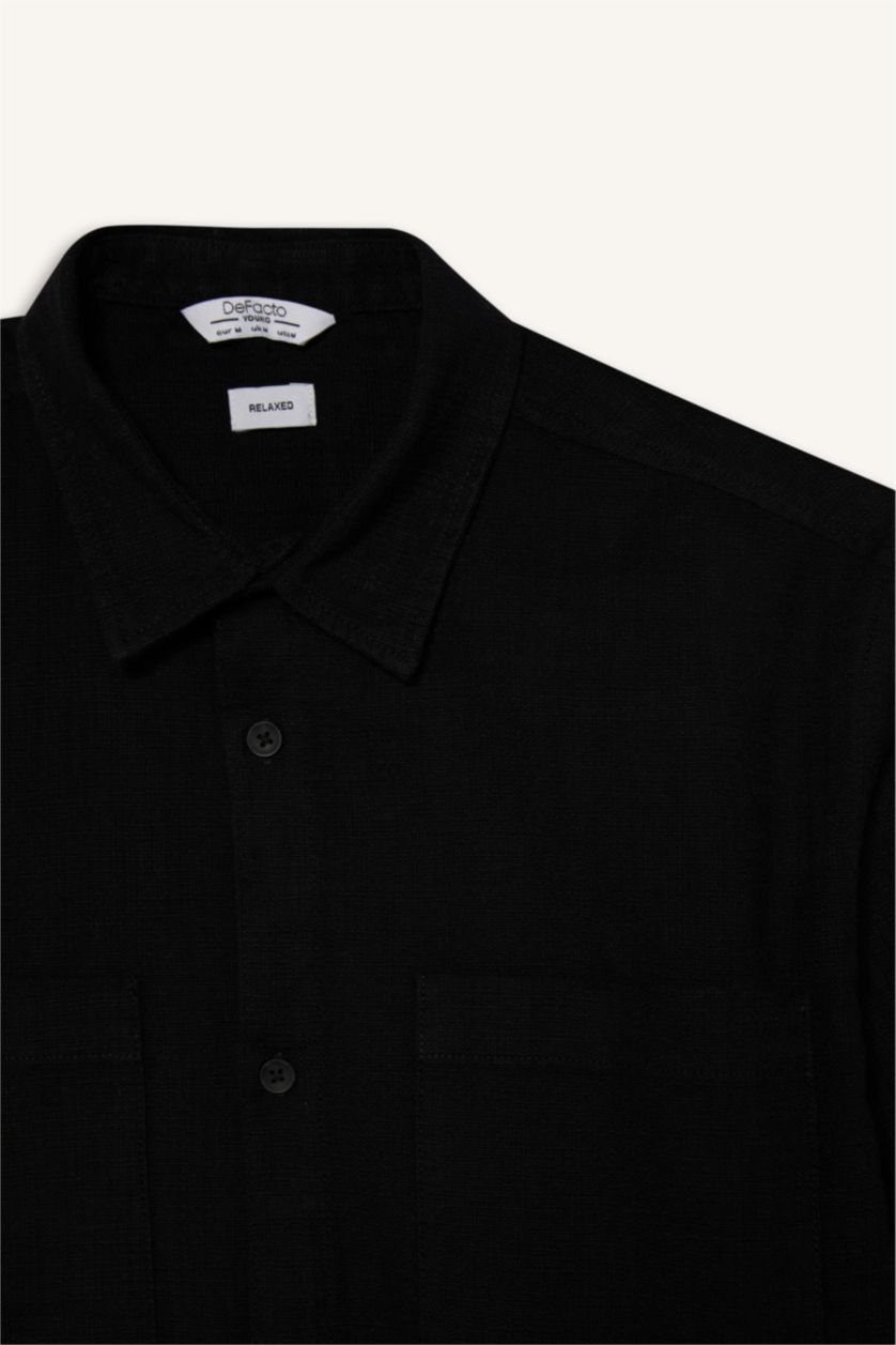 رجال أسود قميص نص كم من قطن قصة مريحة