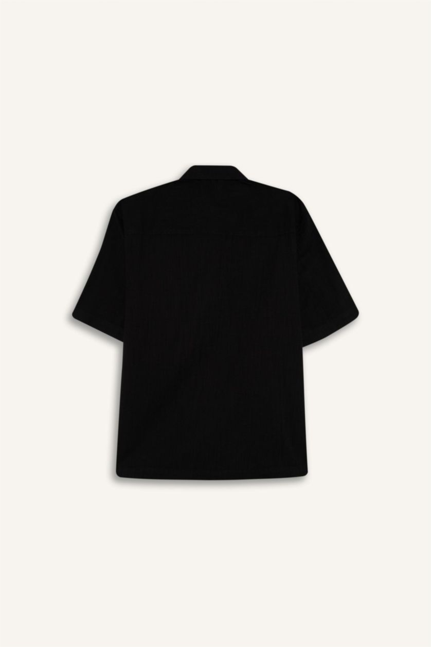 رجال أسود قميص نص كم من قطن قصة مريحة