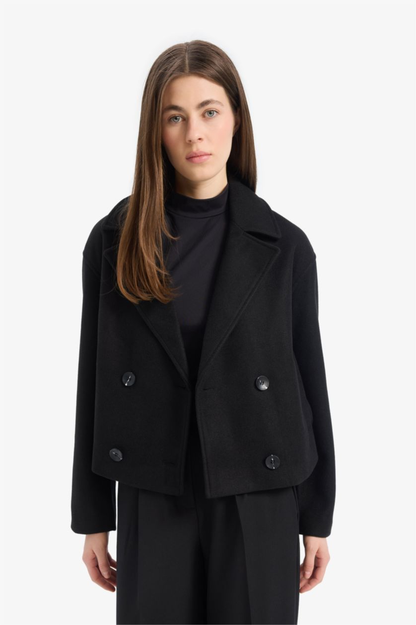 Kadın Siyah Regular Fit Smokin Yaka Düğmeli Cepli Kısa Kaşe Kaban