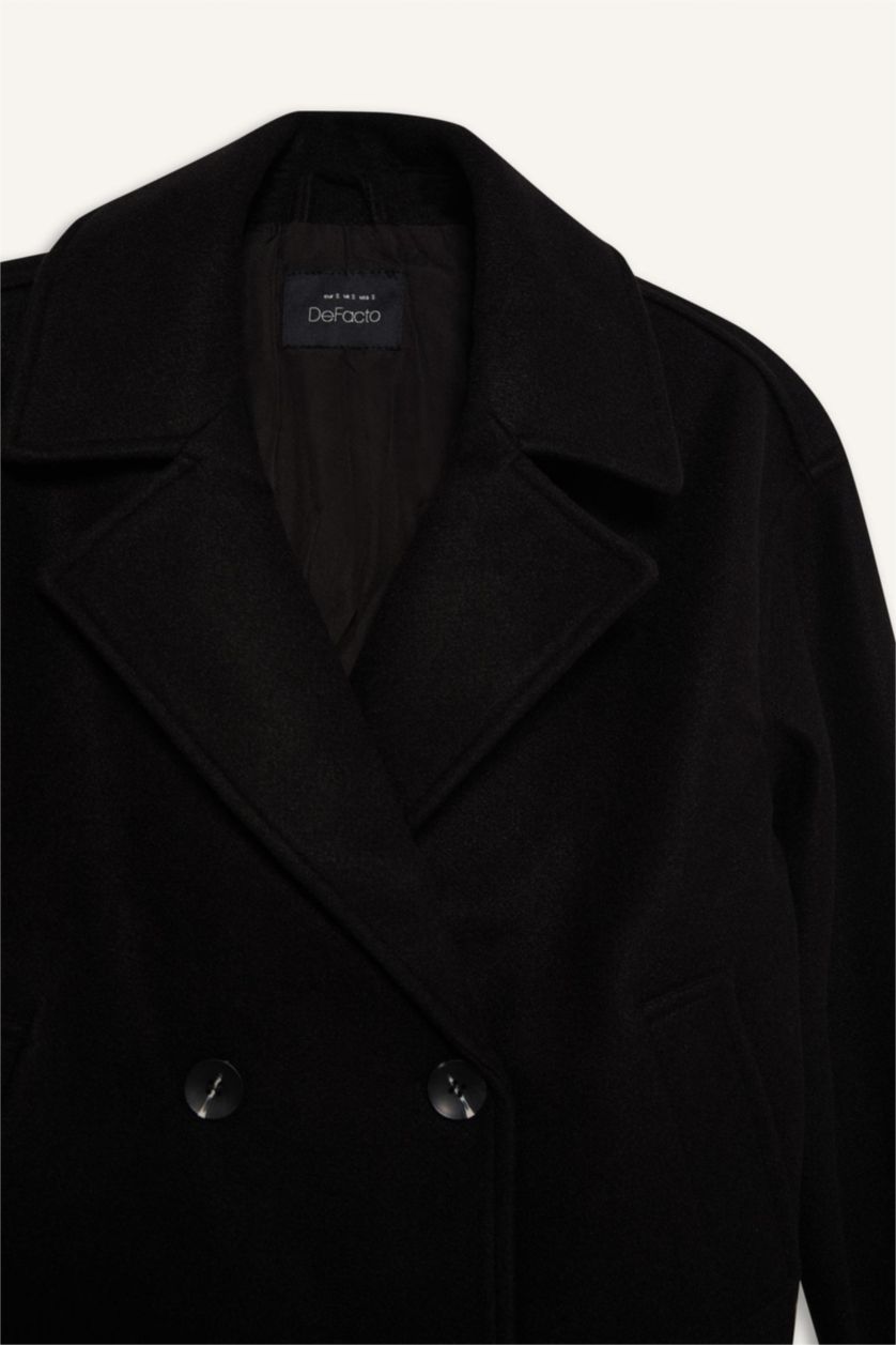 Kadın Siyah Regular Fit Smokin Yaka Düğmeli Cepli Kısa Kaşe Kaban