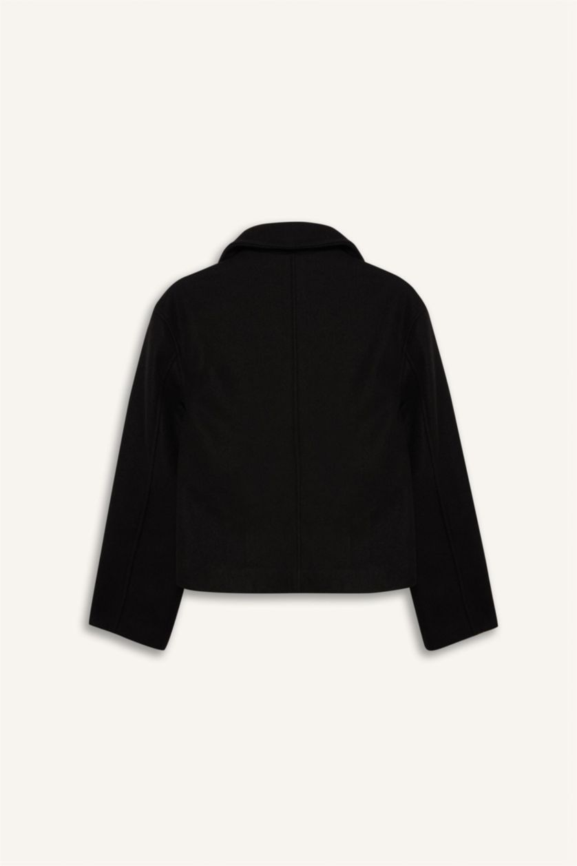 Kadın Siyah Regular Fit Smokin Yaka Düğmeli Cepli Kısa Kaşe Kaban