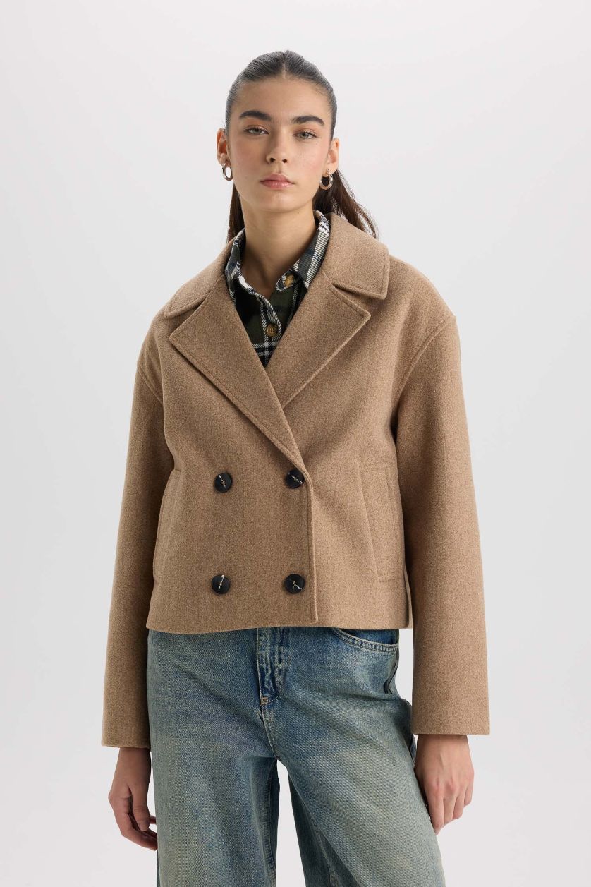 Kadın Camel Regular Fit Smokin Yaka Düğmeli Cepli Kısa Kaşe Kaban