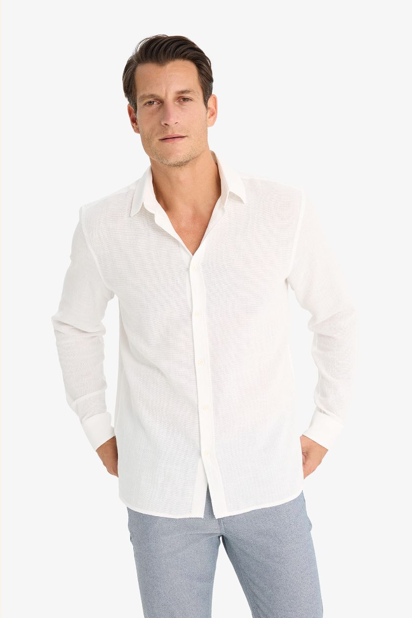 رجالي بيج فاتح قميص قطن بولو بيج كم طويل قصة عادية