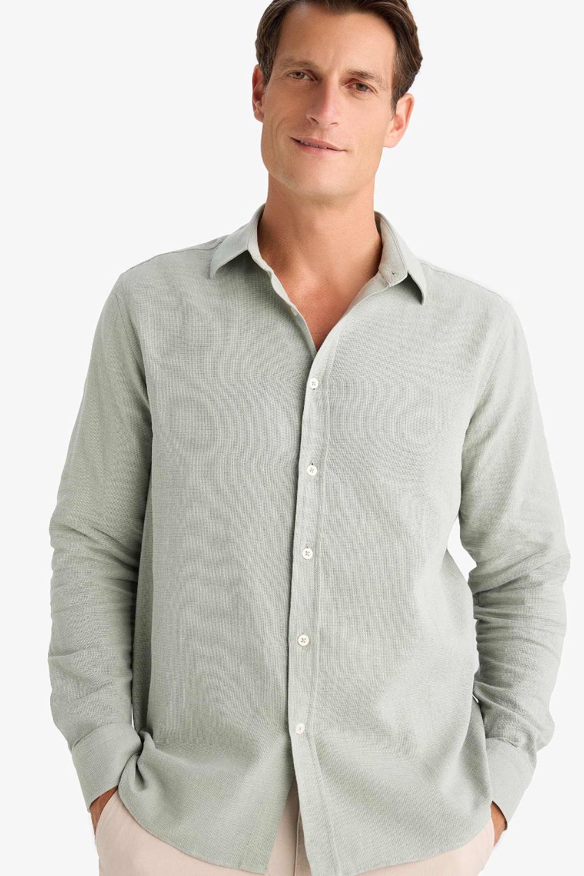 Erkek Açık Haki %100 Pamuk Regular Fit İnce Polo Yaka Uzun Kollu Gömlek