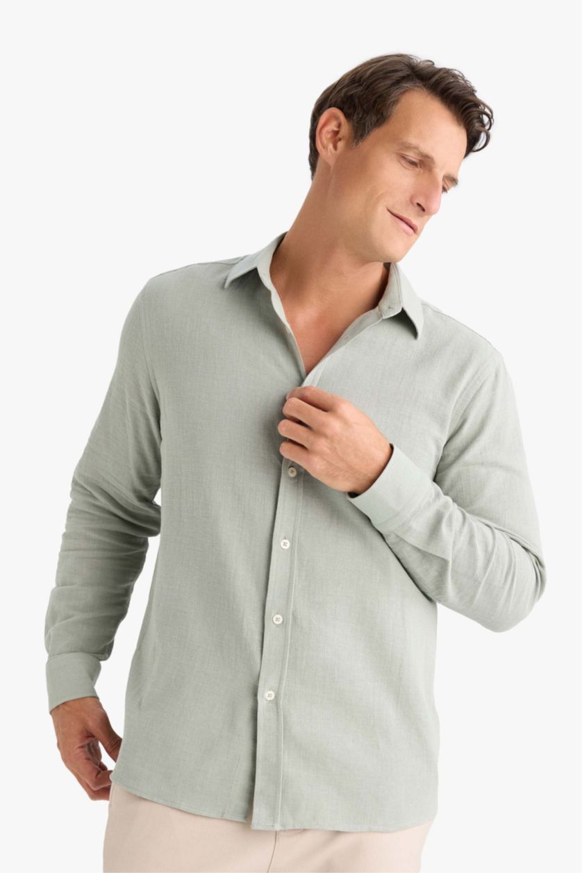 Erkek Açık Haki %100 Pamuk Regular Fit İnce Polo Yaka Uzun Kollu Gömlek