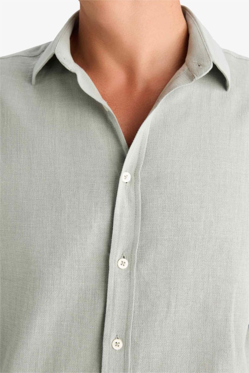 Erkek Açık Haki %100 Pamuk Regular Fit İnce Polo Yaka Uzun Kollu Gömlek