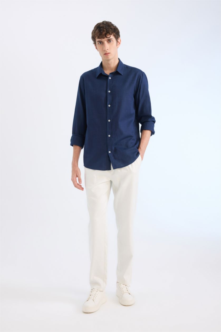 Erkek Lacivert %100 Pamuk Regular Fit İnce Kumaş Polo Yaka Uzun Kollu Gömlek