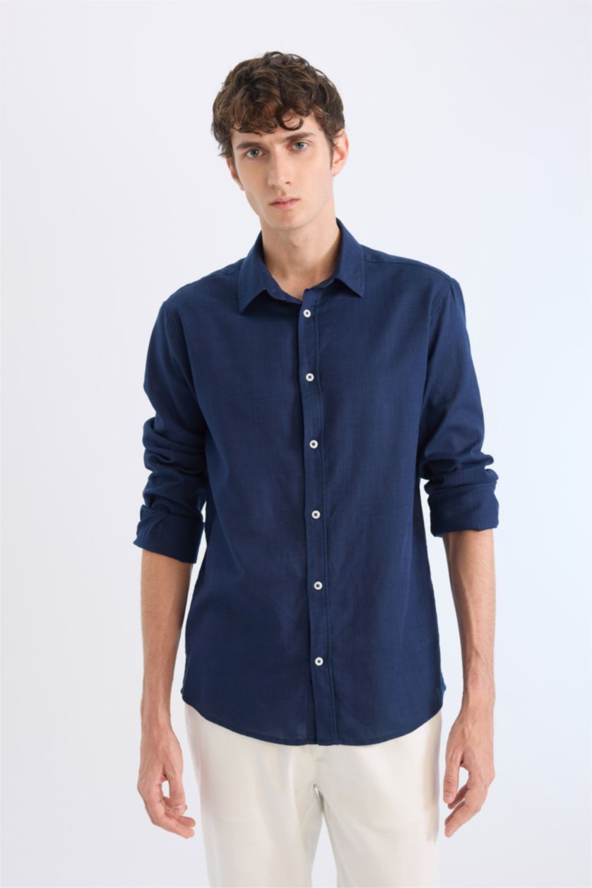 Erkek Lacivert %100 Pamuk Regular Fit İnce Kumaş Polo Yaka Uzun Kollu Gömlek