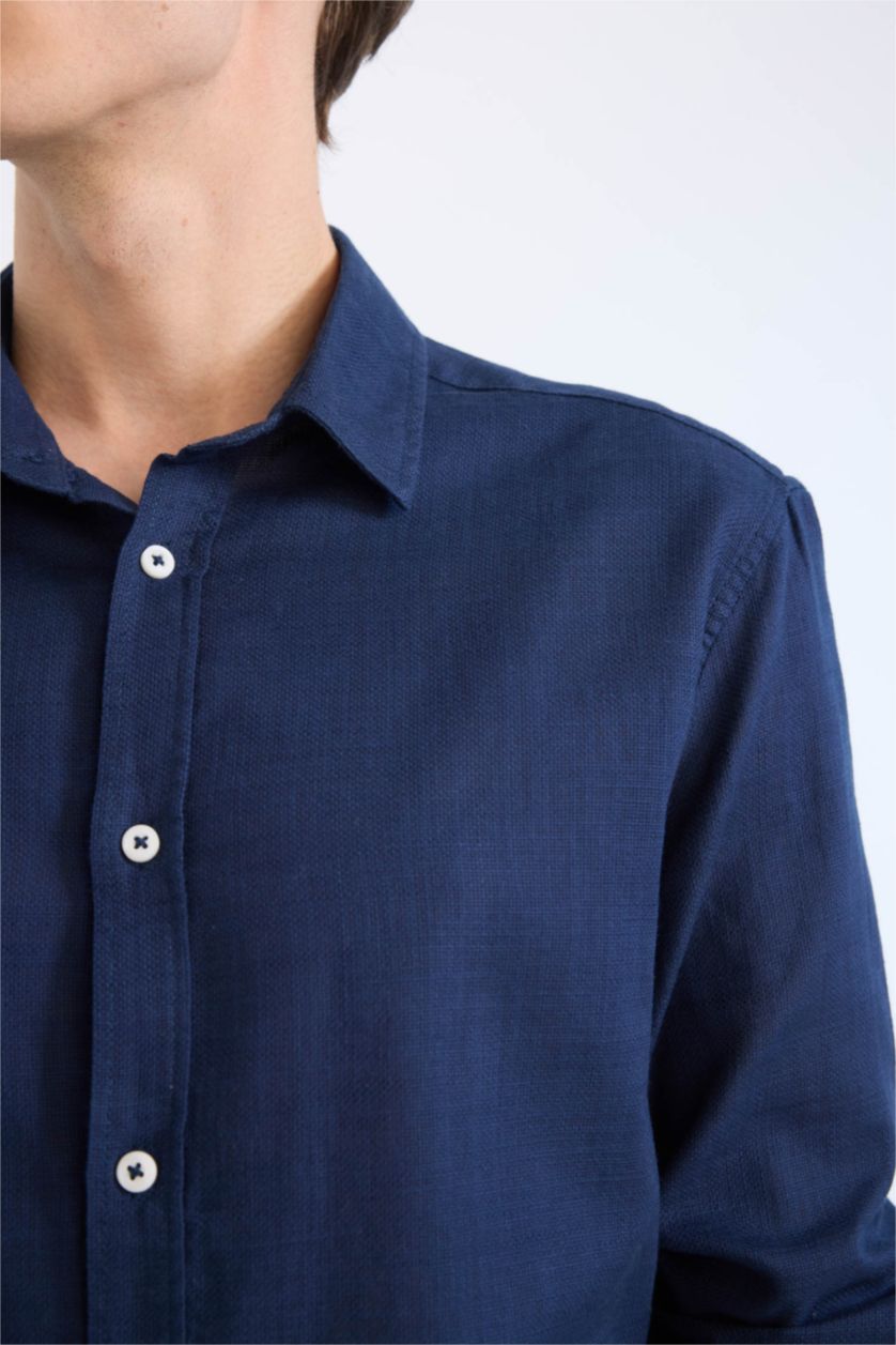 Erkek Lacivert %100 Pamuk Regular Fit İnce Kumaş Polo Yaka Uzun Kollu Gömlek