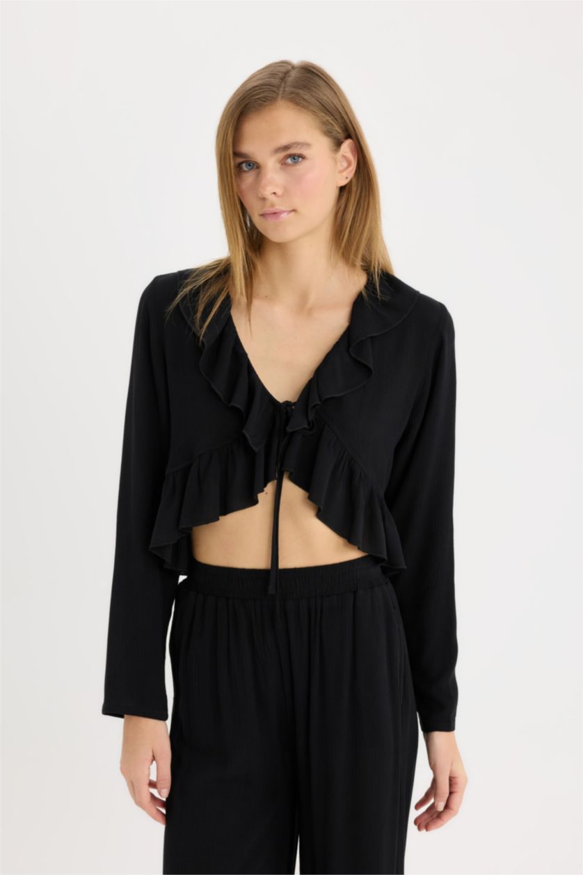 WOMAN Black Regular Fit V-Neck Long Sleeve Blouse