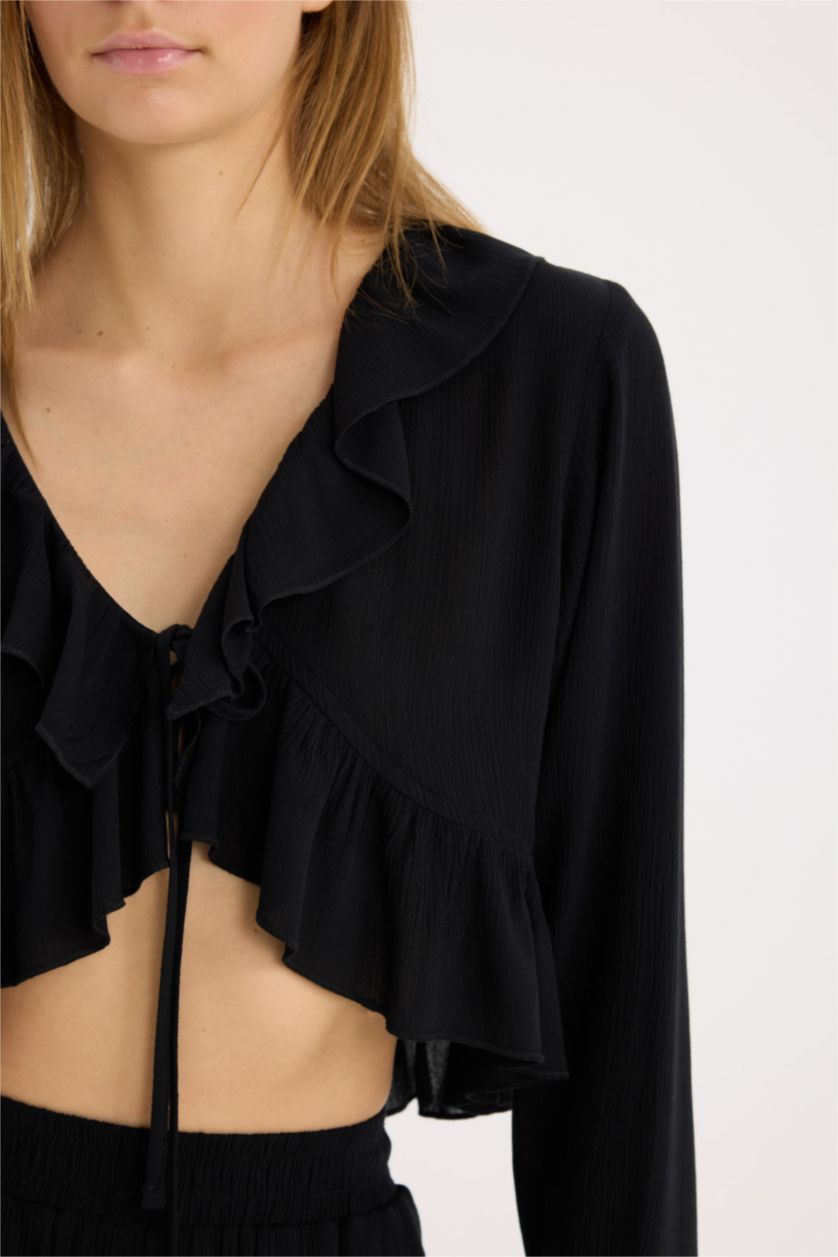 WOMAN Black Regular Fit V-Neck Long Sleeve Blouse