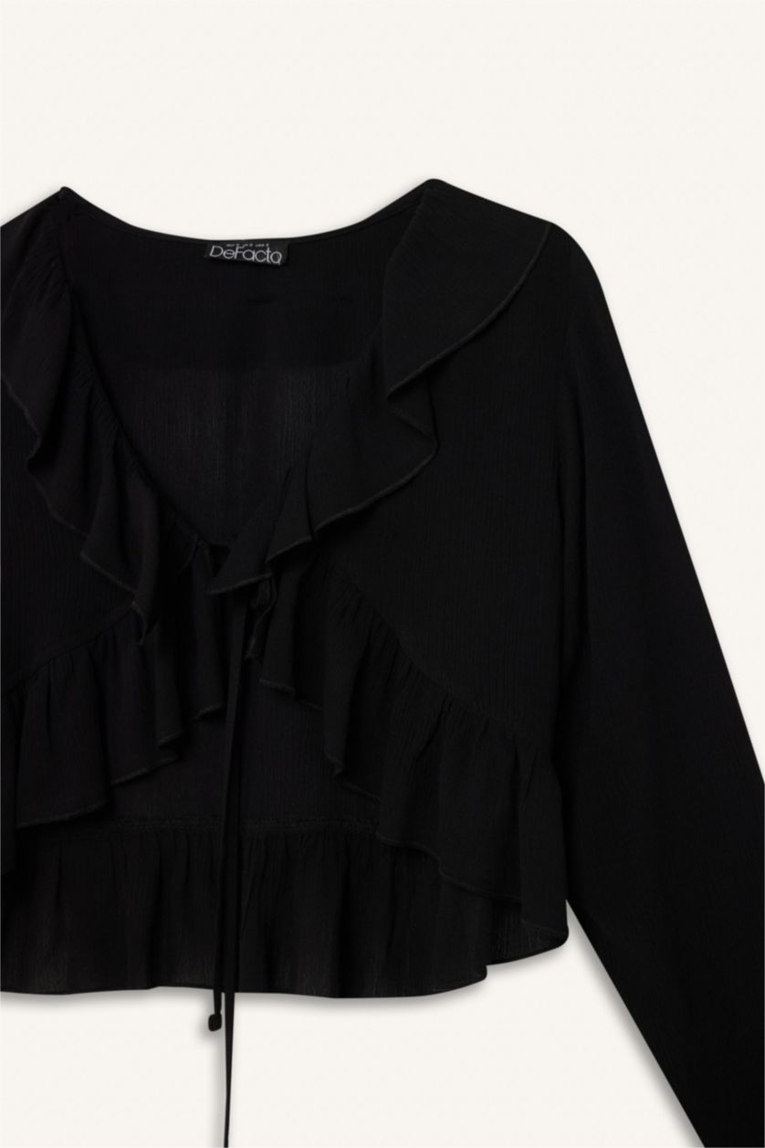WOMAN Black Regular Fit V-Neck Long Sleeve Blouse