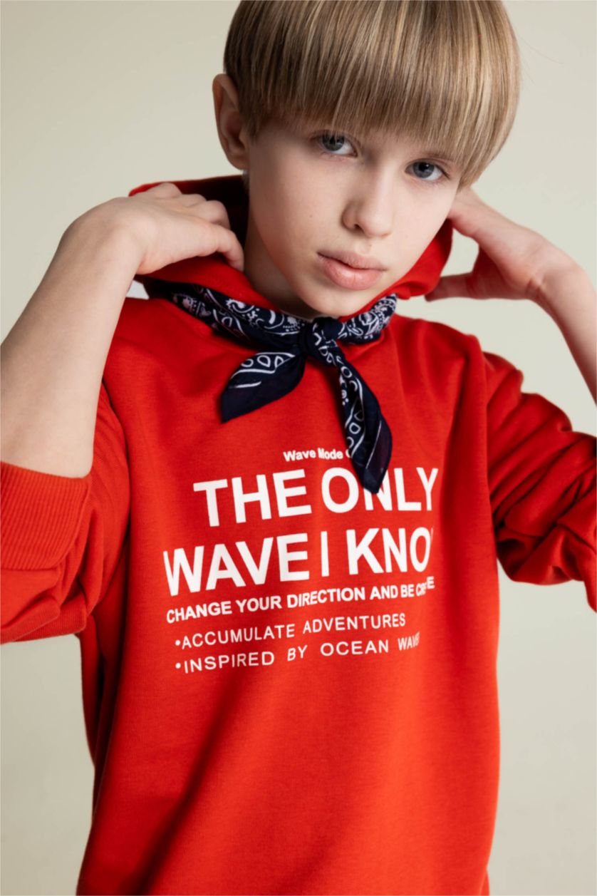 Erkek Çocuk - Genç Erkek Kırmızı Oversize Geniş Kalıp Kapüşonlu Baskılı Sweatshirt Erkek Çocuk