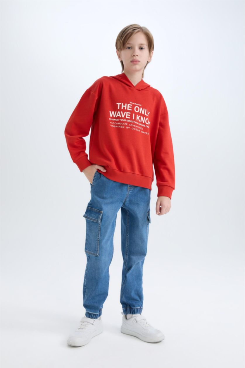 Erkek Çocuk - Genç Erkek Kırmızı Oversize Geniş Kalıp Kapüşonlu Baskılı Sweatshirt Erkek Çocuk