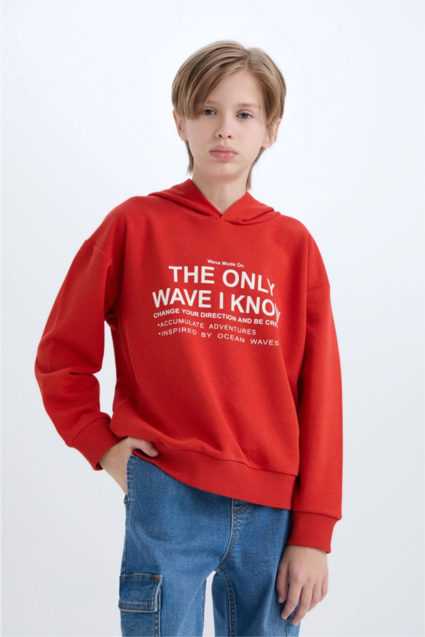 Erkek Çocuk - Genç Erkek Kırmızı Oversize Geniş Kalıp Kapüşonlu Baskılı Sweatshirt Erkek Çocuk