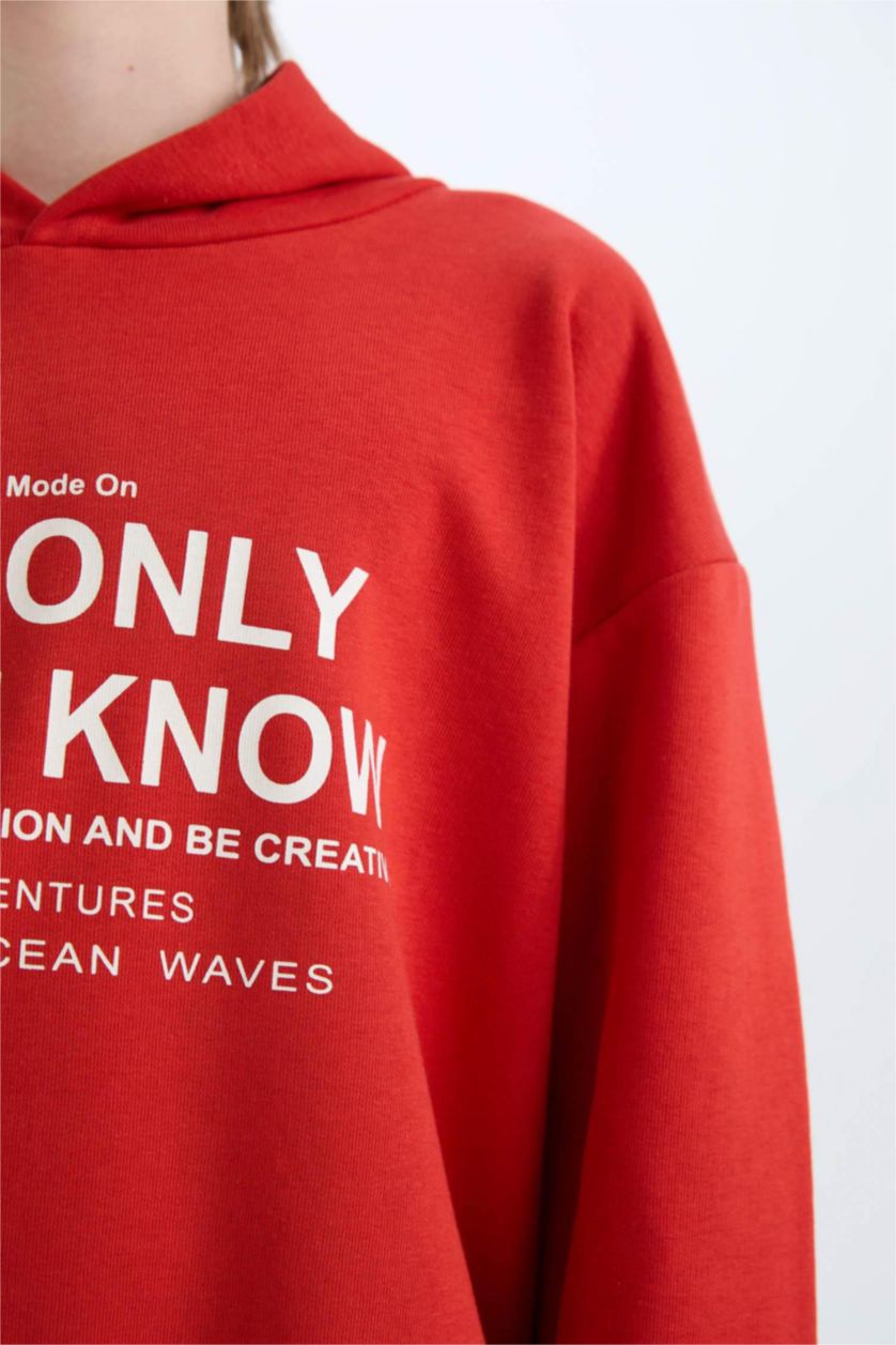 Erkek Çocuk - Genç Erkek Kırmızı Oversize Geniş Kalıp Kapüşonlu Baskılı Sweatshirt Erkek Çocuk