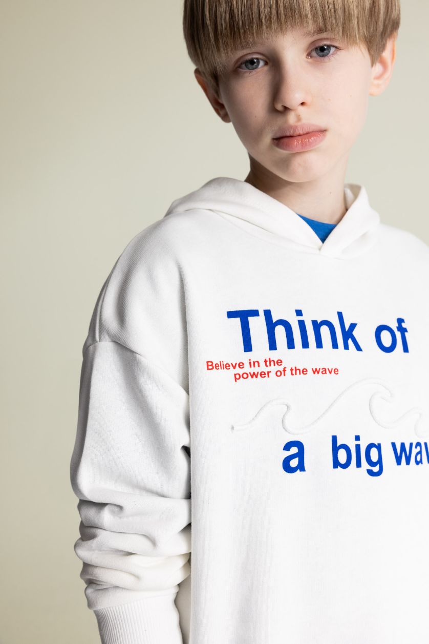 Erkek Çocuk - Genç Erkek Ekru Oversize Geniş Kalıp Kapüşonlu Baskılı Sweatshirt Erkek Çocuk