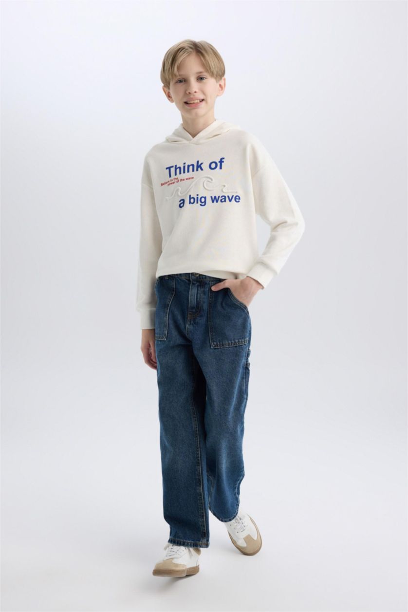 Erkek Çocuk - Genç Erkek Ekru Oversize Geniş Kalıp Kapüşonlu Baskılı Sweatshirt Erkek Çocuk