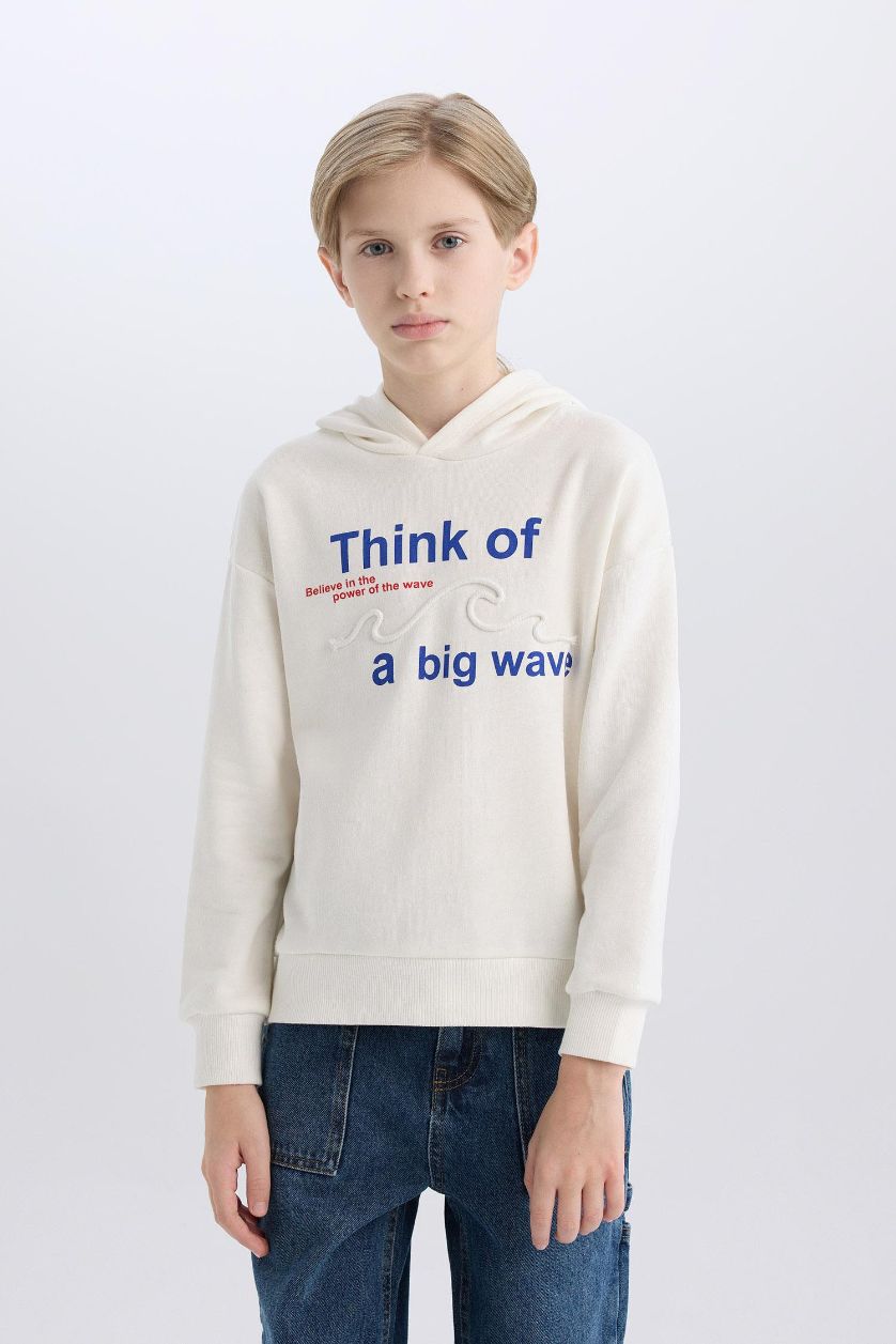 Erkek Çocuk - Genç Erkek Ekru Oversize Geniş Kalıp Kapüşonlu Baskılı Sweatshirt Erkek Çocuk