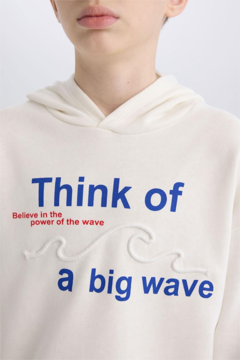 Erkek Çocuk - Genç Erkek Ekru Oversize Geniş Kalıp Kapüşonlu Baskılı Sweatshirt Erkek Çocuk