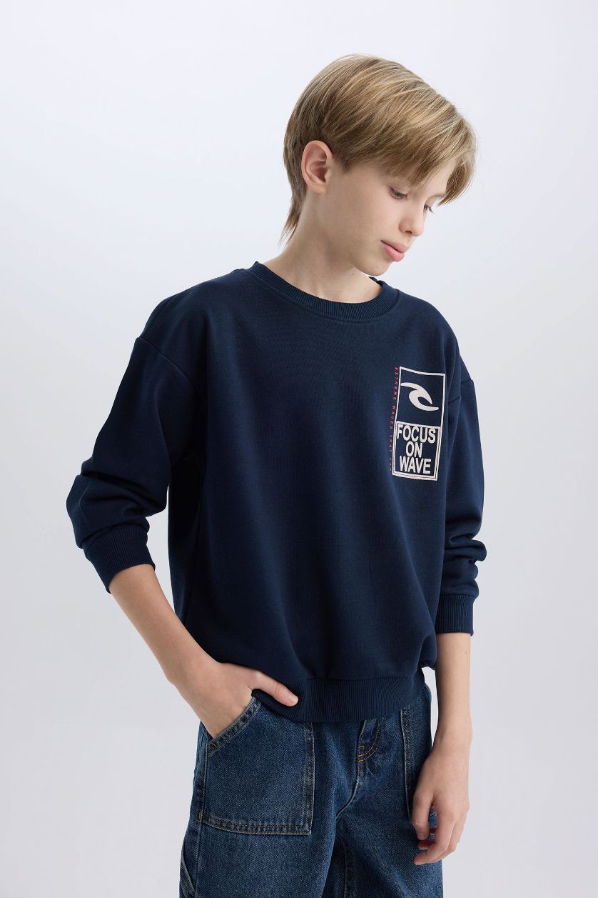 Erkek Çocuk - Genç Erkek Lacivert Oversize Geniş Kalıp Bisiklet Yaka Sırt Baskılı Sweatshirt Erkek Çocuk