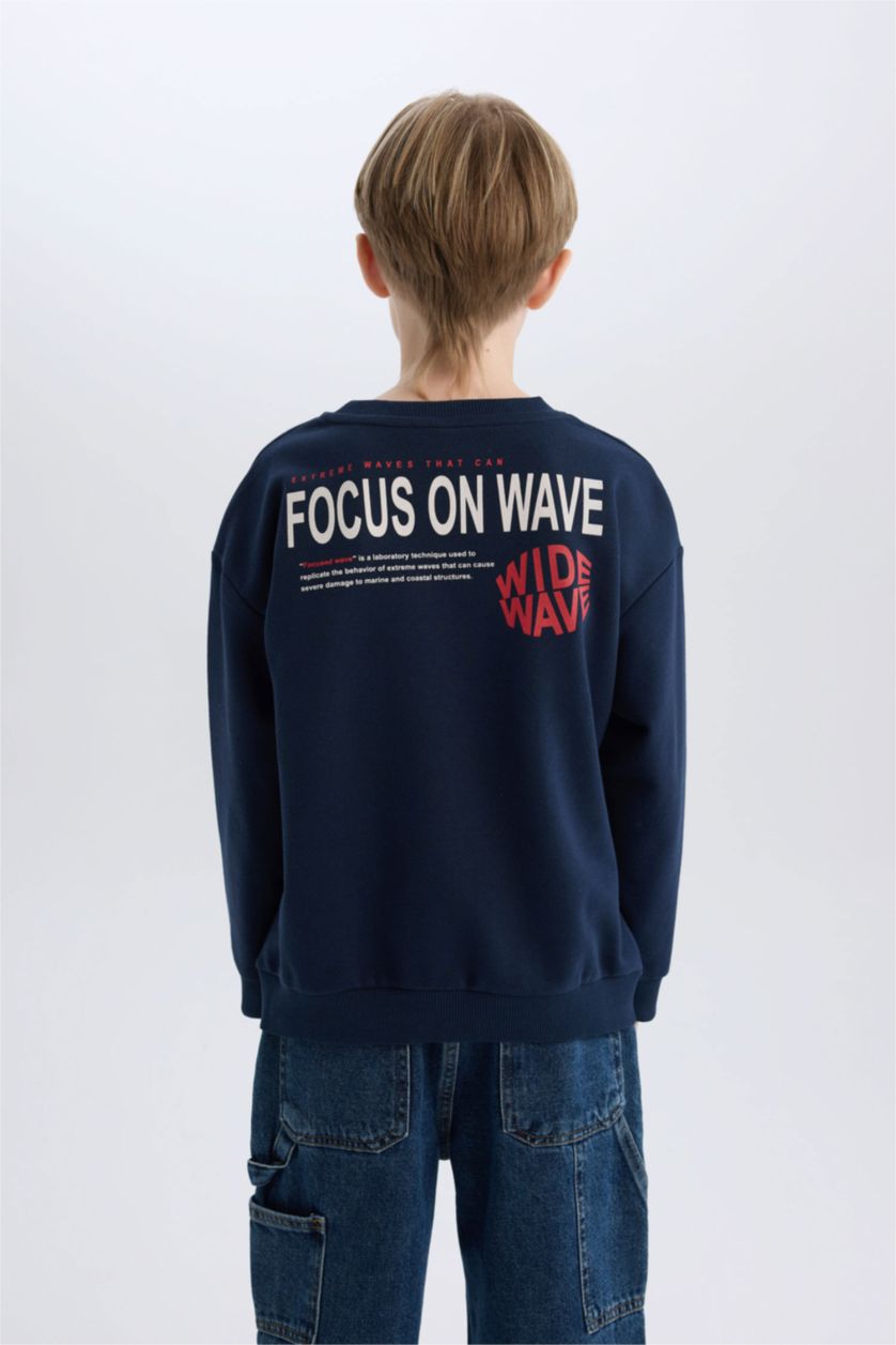 Erkek Çocuk - Genç Erkek Lacivert Oversize Geniş Kalıp Bisiklet Yaka Sırt Baskılı Sweatshirt Erkek Çocuk