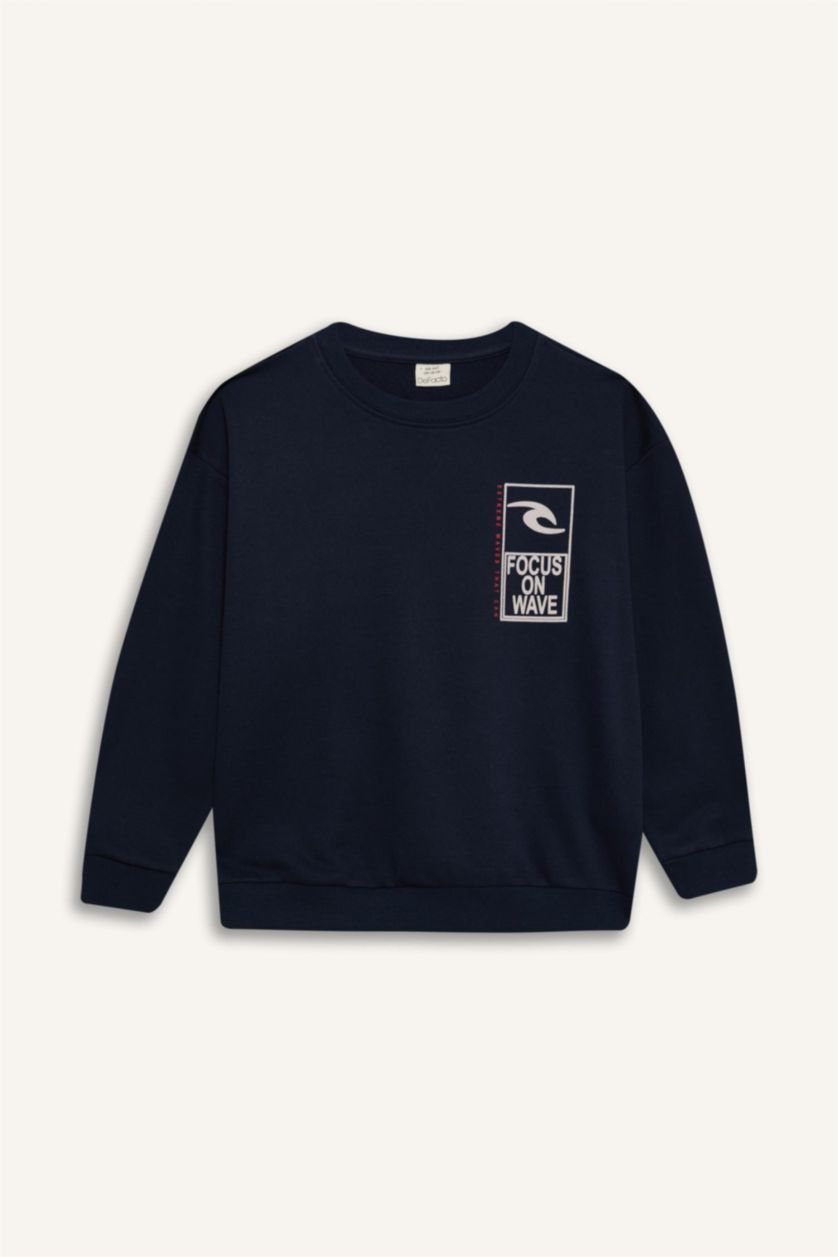 Erkek Çocuk - Genç Erkek Lacivert Oversize Geniş Kalıp Bisiklet Yaka Sırt Baskılı Sweatshirt Erkek Çocuk